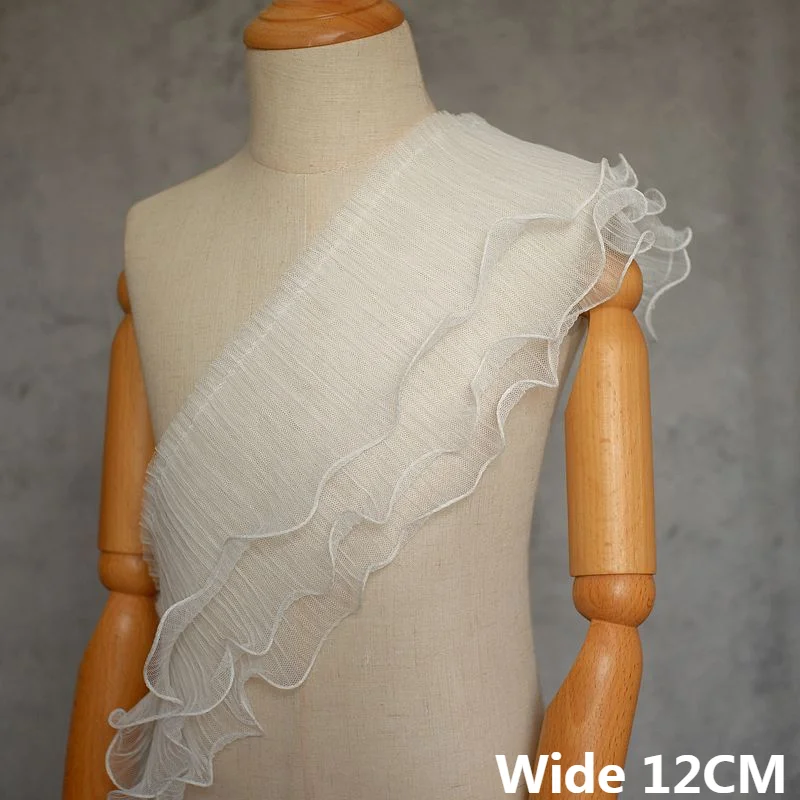 

13CM Wide White Black Three Layers Soft Mesh Fluffy Princess Wedding Dresses 3D Lace Pleated Lotus Leaf Fabric DIY Sewing Decor