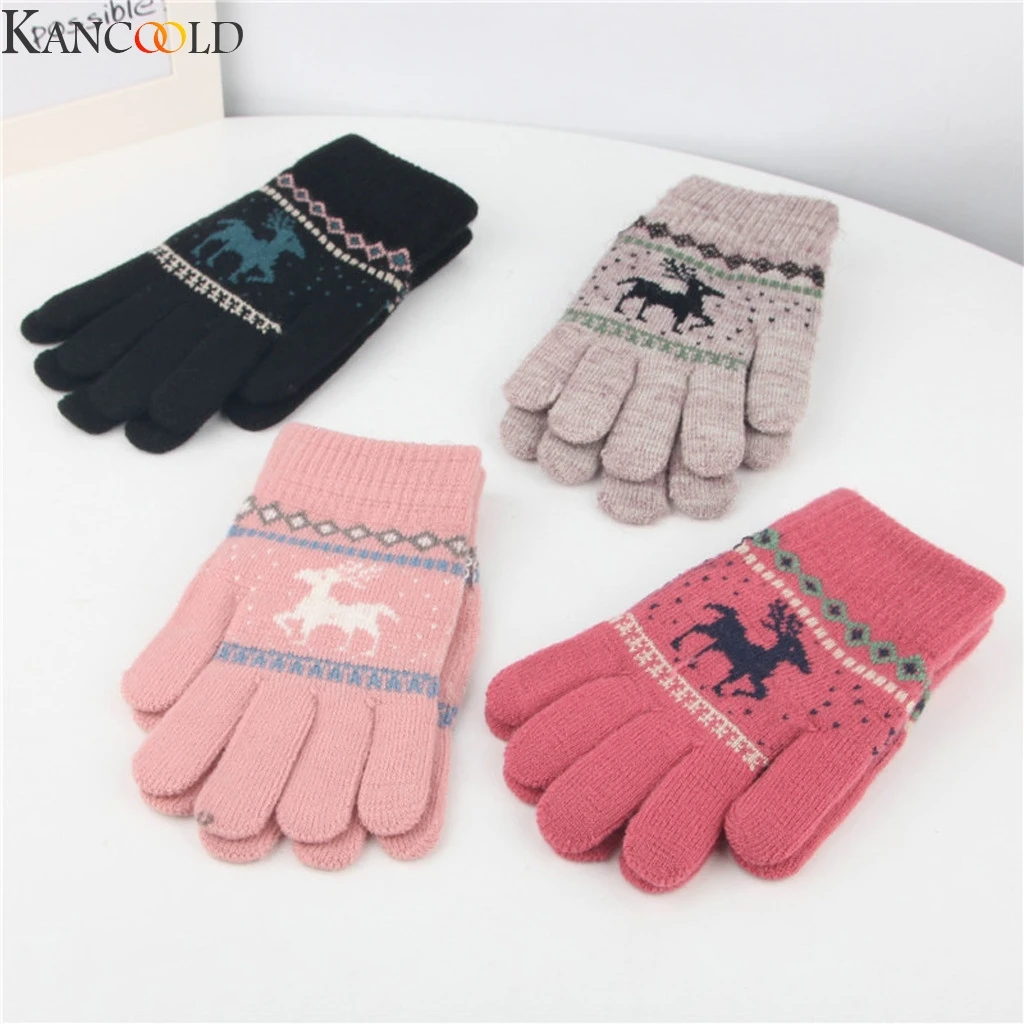 Женские вязаные перчатки KANCOOLD с оленем снежинками закрытыми пальцами зимние
