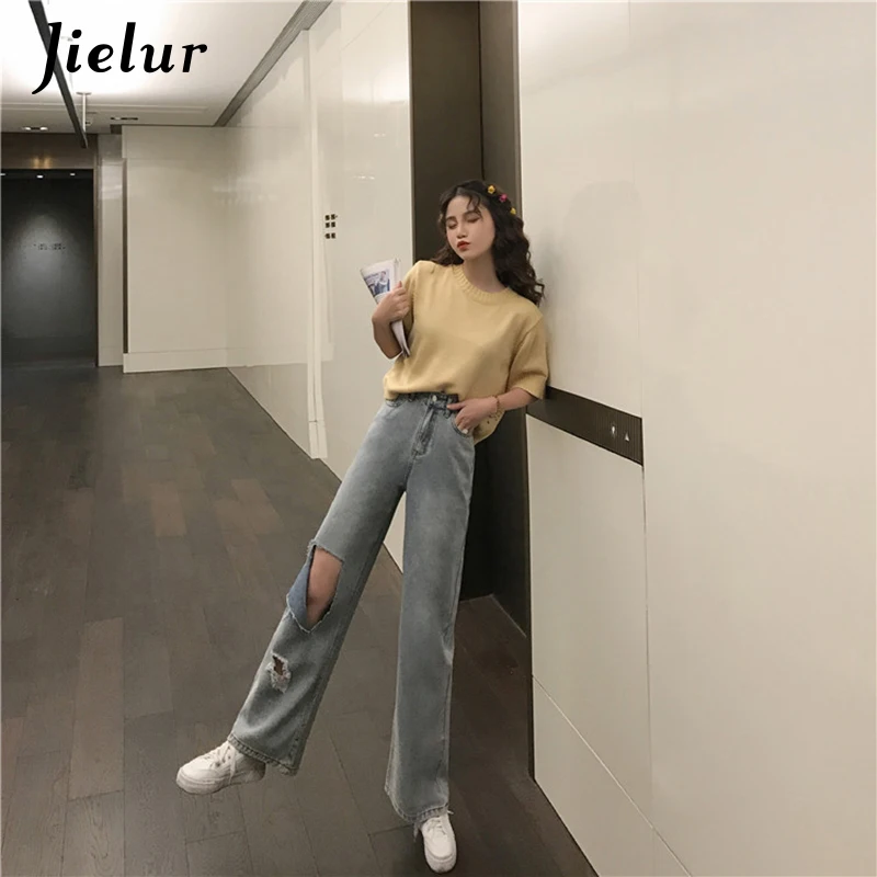 

Jielur Women Jeans Hole Hipster High Waist Jeans Pocket Basic Female Blue Solid Color Denim Trousers Autumn New Spodnie Jean S-L