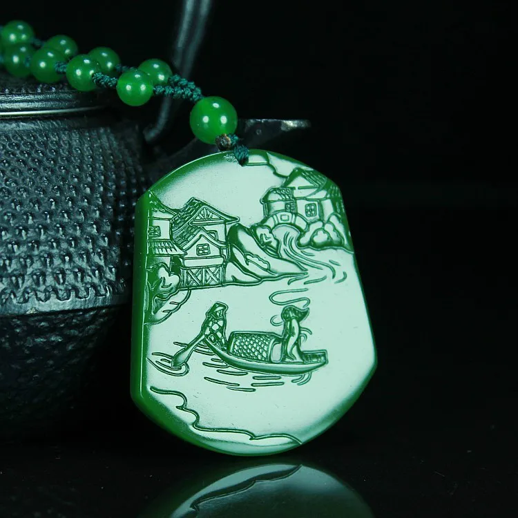 Chinese Natural Colour Jade Landscape Pendant Beads Necklace Hand-Carved Charm Jadeite Jewelry Fashion Gifts for Men Women | Украшения и
