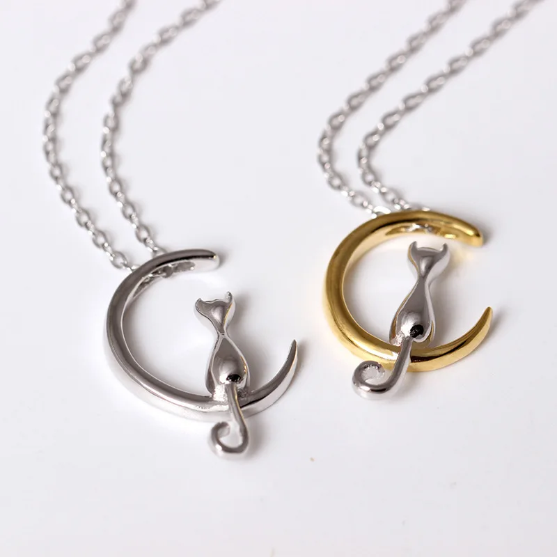 Кулон в виде Луны и милой кошки серебряного цвета с цепочкой кошка животное