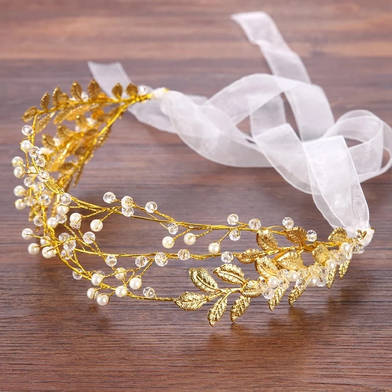 Baroque Leaf Double Hairband Headbands Crystal Rhinestone Pearls Women Bridal Wedding Tiara Hair Accessories Crown Jewelry
