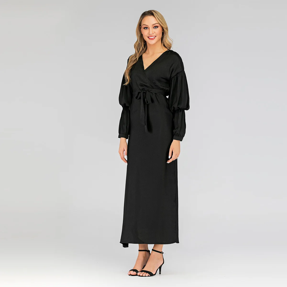 Женское приталенное платье в мусульманском стиле с v образным вырезом и длинными