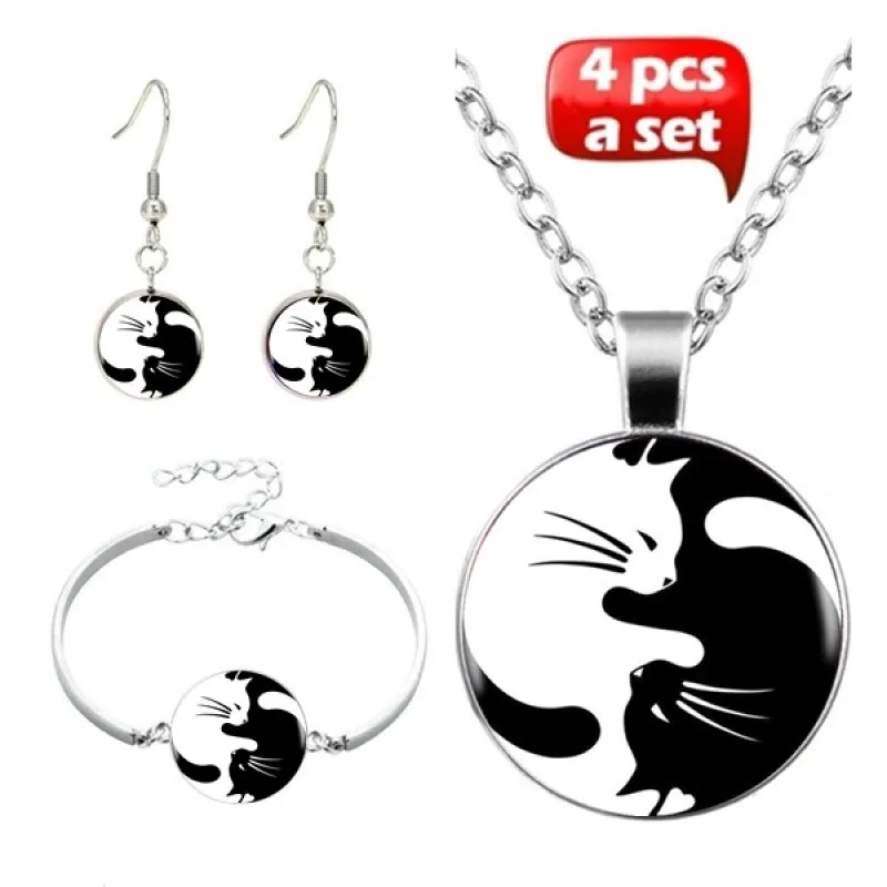 

4 Pcs/Set Glass Cabochon Necklace Earrings Bangle Cute Black White Cat Art Picture Pendant Statement Chain For Women Jewelry