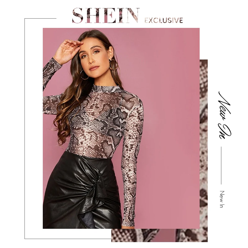 SHEIN многоцветный змеиный принт Сетка Прозрачная Тонкая футболка Топ для женщин Весна Лето с длинным рукавом стоячий воротник сексуальные топы