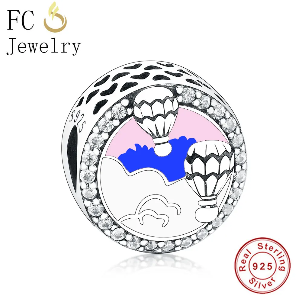 Браслет из серебра 925 пробы с подвесками в виде горячего воздушного шара и надписью на голубой эмали.