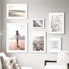 Морские пляжные волны девушка пион галька небо настенная Картина на холсте скандинавские постеры и принты настенные картины для декора гостиной