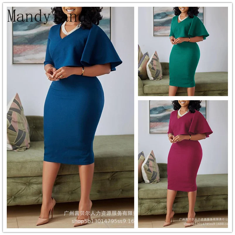 

Mandylandy Women's Elegant Bodycon Dress Lady Sexy Fashion Autumn Cloak Sleeve V Neck High Waist Corset Party Evening Dress
