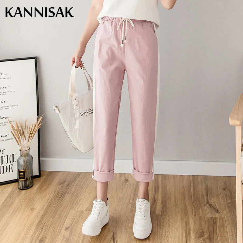 

KANNISAK Women's Pants Cotton Linen Drawstring Casual Ankle-Length Spliced Striped Summer Sweet Capris Breathable Straight Pants