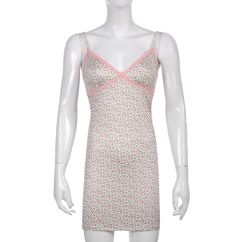 

Chic Floral Printed Sundress Women 2021Pink Lace Patchwork Mini Dress 90S Casual V Neck Spaghetti Straps Slip Dress Waatfaak