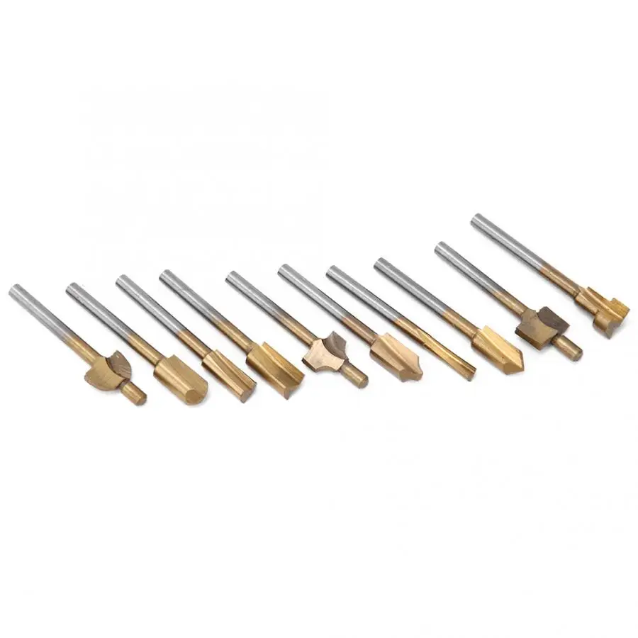 

10Pcs Milling Cutter High Speed Steel Gold Titanium Plating Router Bits Woodworking Tool
