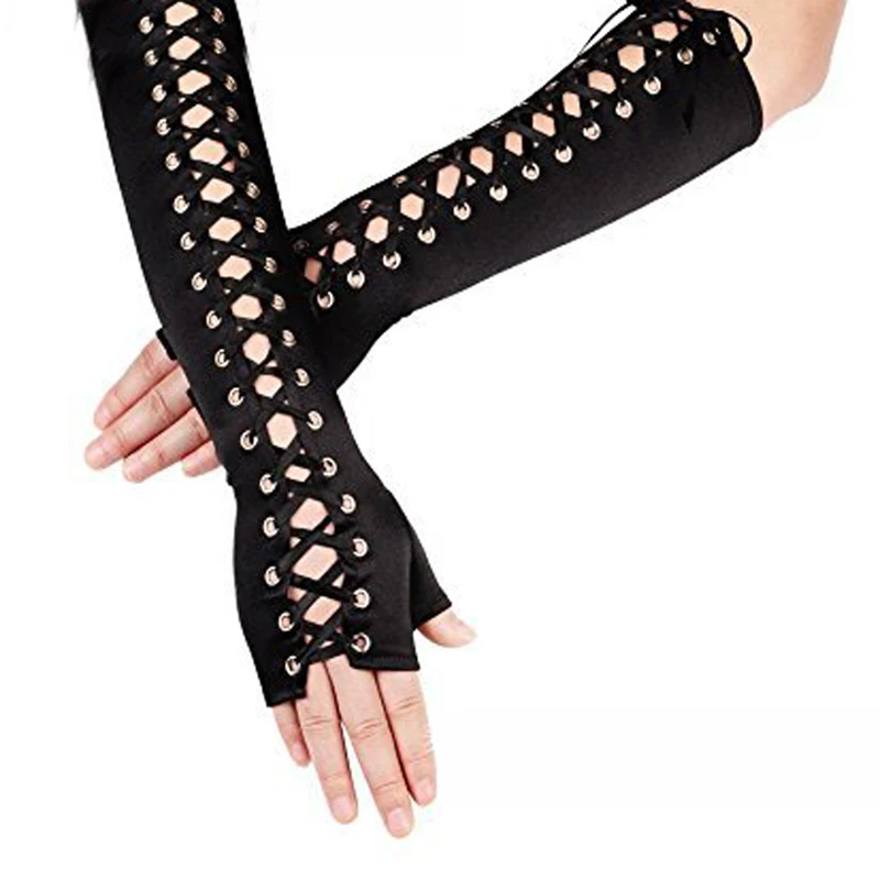 

Long Gloves Sexy Lace Winter Elbow Length Half-finger Gloves Ribbon Fingerless Fishnet Mesh Etiquette Party Gloves