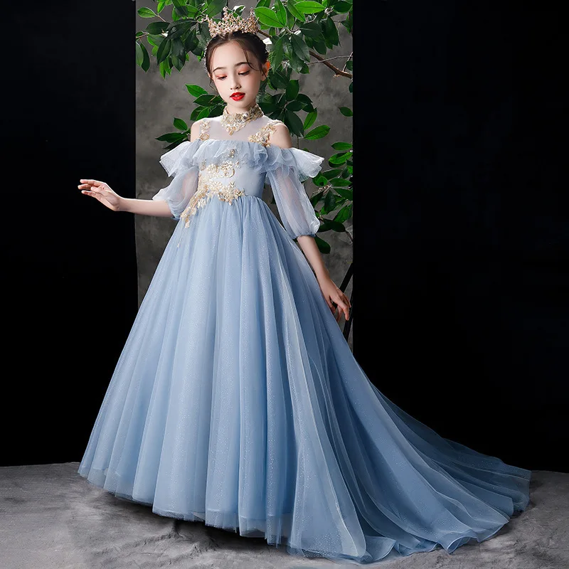 

Baby Girl Blue Tailing Long Party Dresses Children Fluffy Yarn Flower Piano Performance Evening Formal Elegant Dress