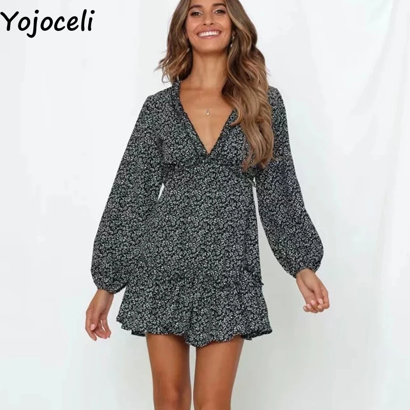 Сексуальное короткое элегантное платье Yojoceli с принтом и оборками Осеннее