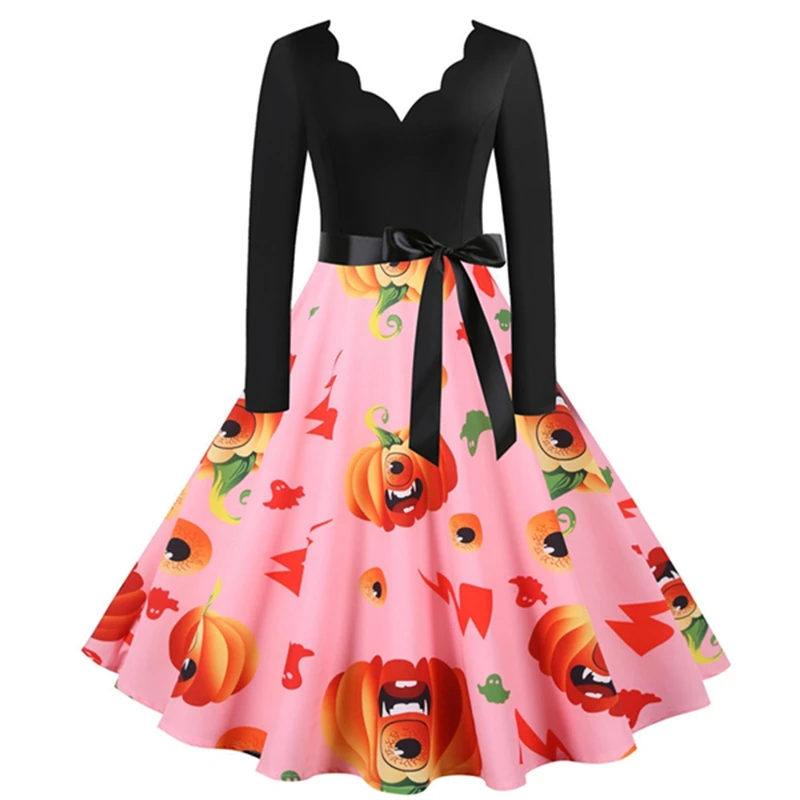 

Women's Halloween Burning Flower V-neck Fashion Long Sleeve Casual Printed Big Plaid Dress