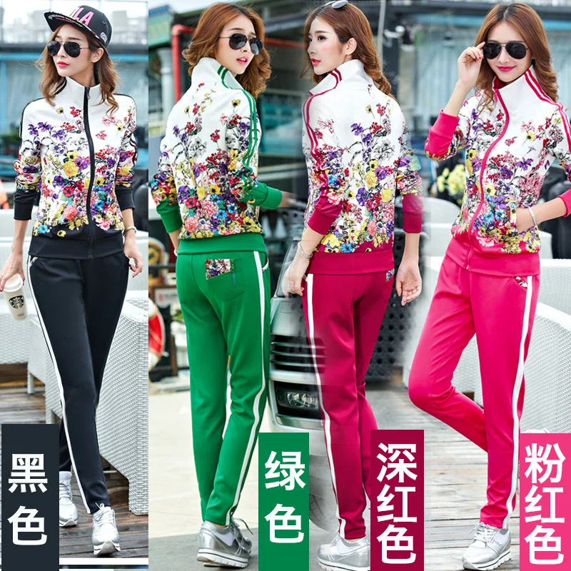 

Women's Casual Sports Suits 2020 Spring Print Jacket+Lenght Pants Two Sets Lady Sportswear Suit Plus Size Tracksuits Set 6XL W03