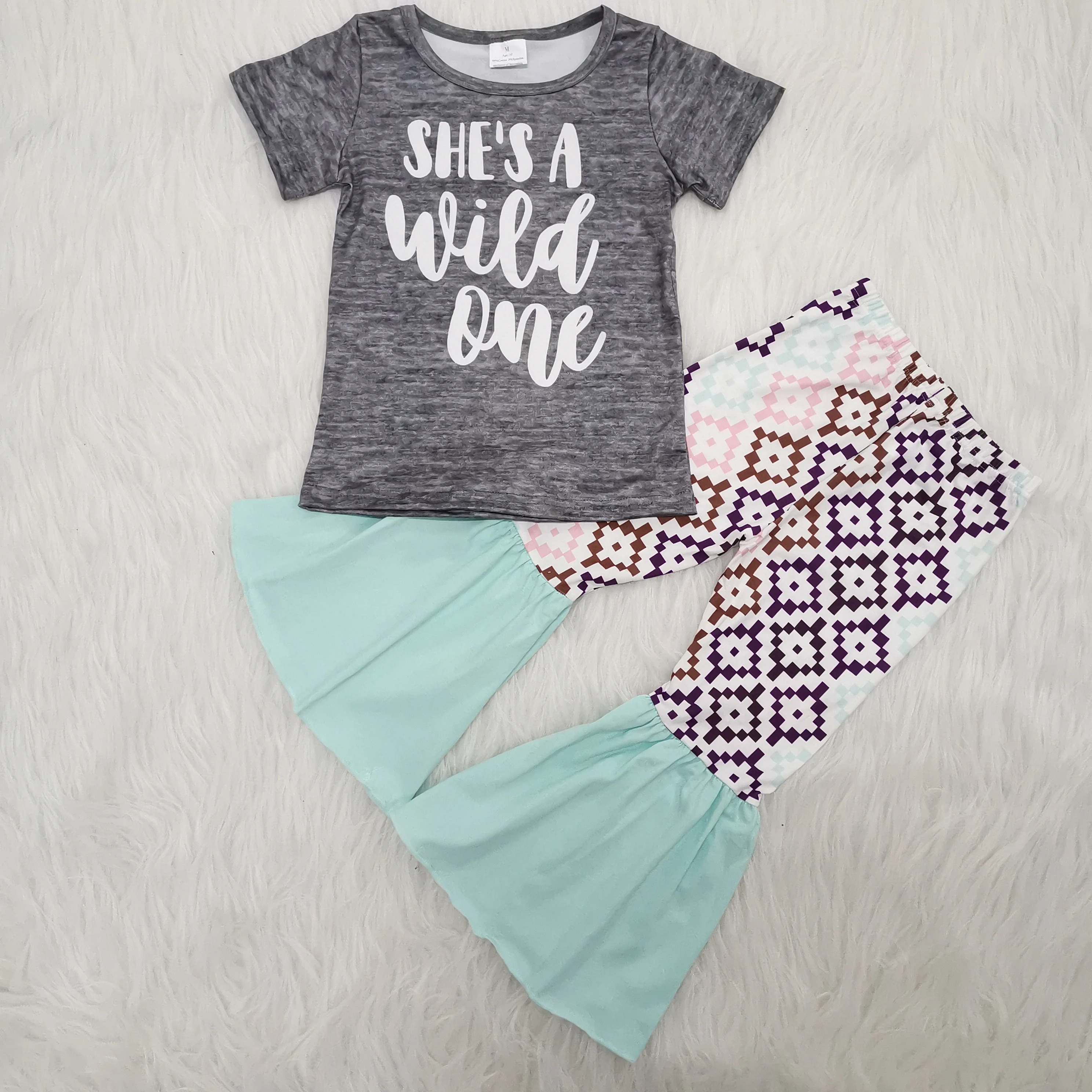 

She's a wild one" print short sleeve shirt+ bell bottom leopard pants set for girls