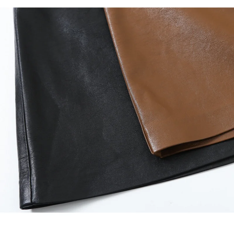 

Vintage High Waist Slim A-line Mini Jupe Side Pockets Zipper Fly Leather Skirts 2021 Spring Chic Elegant Ol Pu Faldas Mujer