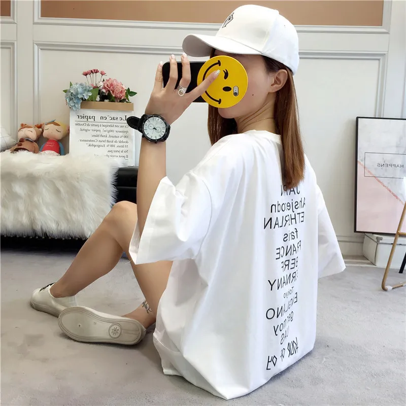 4804 летний узор корейская мода Хлопок Уличная одежда Harajuku большой размер длинная свободная дыра хип хоп половина рукав футболка Женская волна