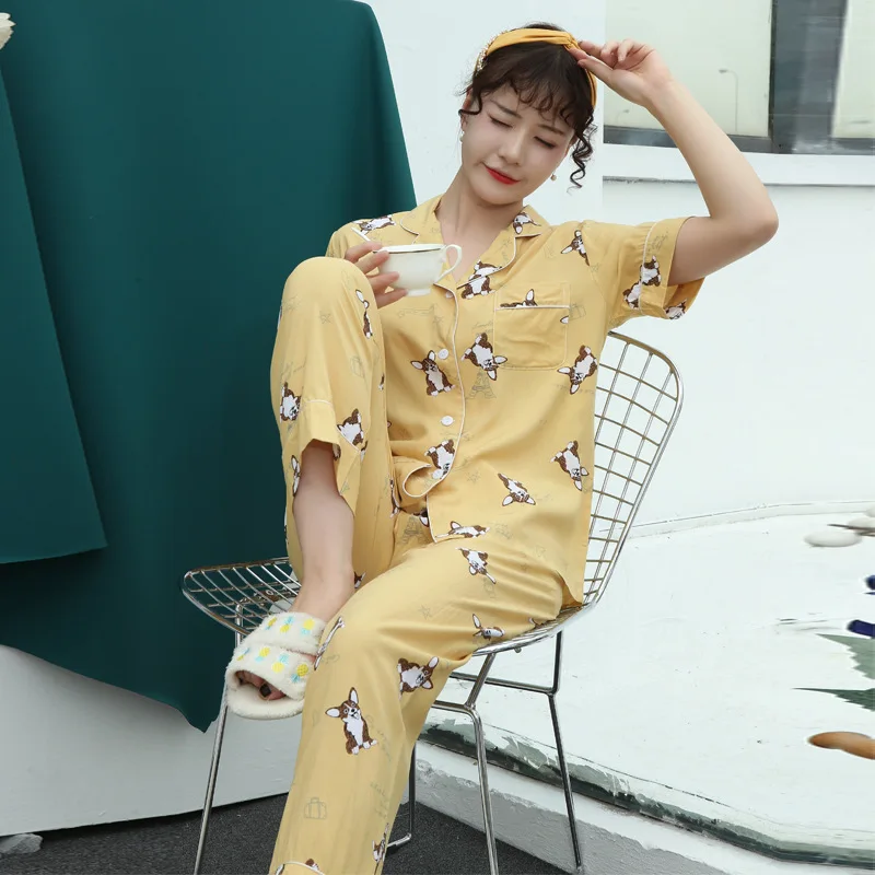 Spring Summer New Pajamas Women's Short Sleeve Trousers Nightwear Set Loose Cardigan Thin Home Wear Lapel Suit Sleepwear