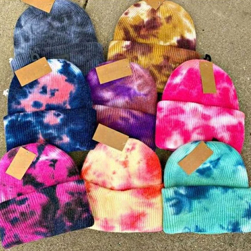 

Fashion Knitted Tie Dye Beanies Hats Plain Cuff Beanie Knit Ski Cap Casual Skull Warm Winter Headwear Bonnets