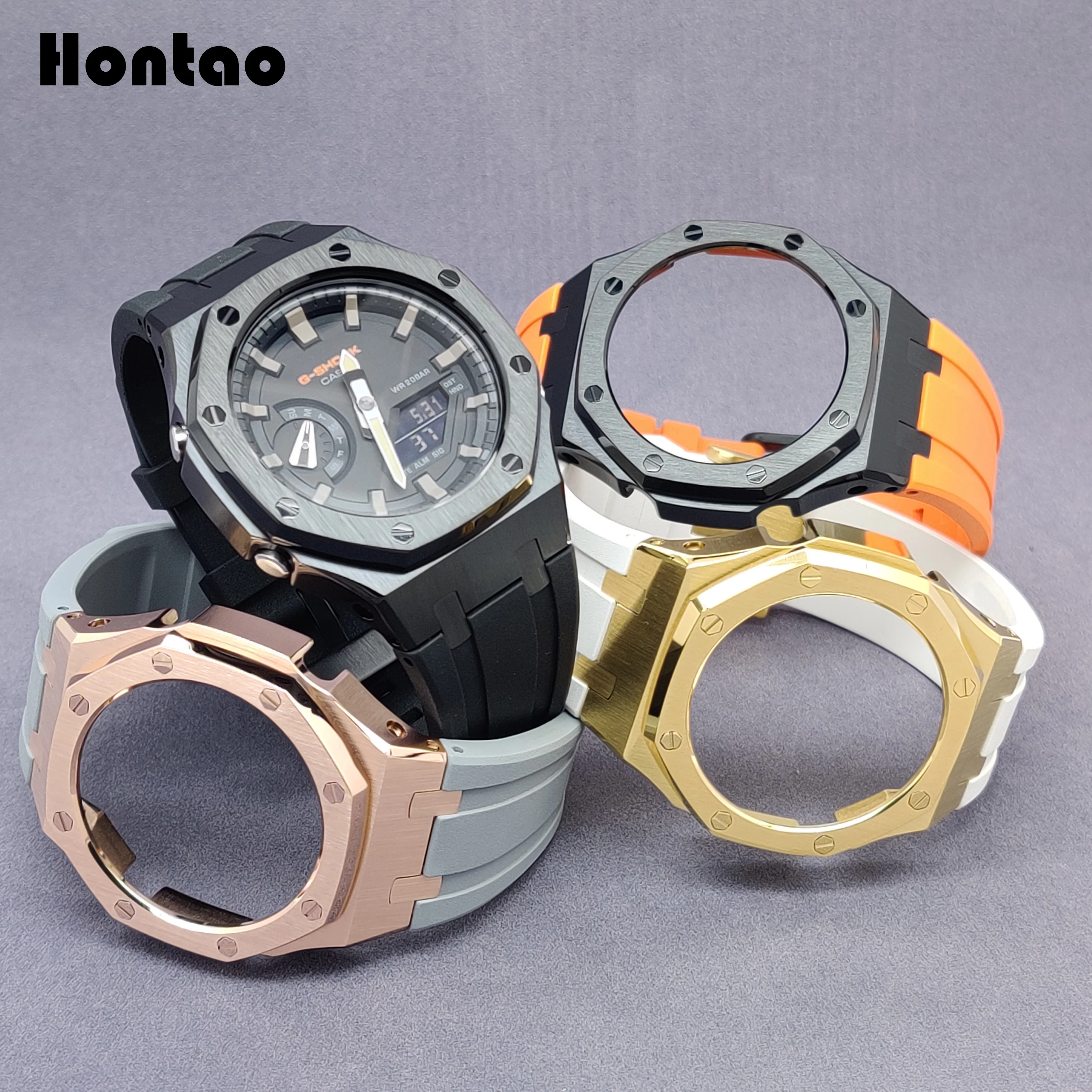 

Hontao CasiOak GA2100 3rd Generation Metal Bezel Fluorine Rubber Watch Strap Lengthen Watch Band for Casio G-Shock GA-2100/2110