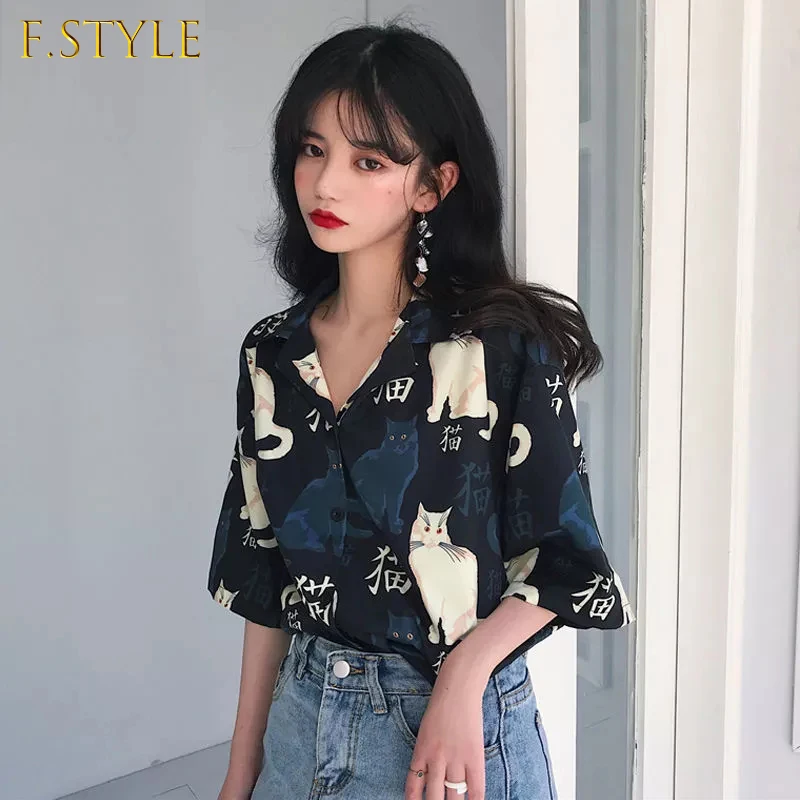 

Blouses Women Vintage Cat Printed Korean Basic Loose Chic Design Ladies Shirts Daily College Street All-match Womens Blouse Top