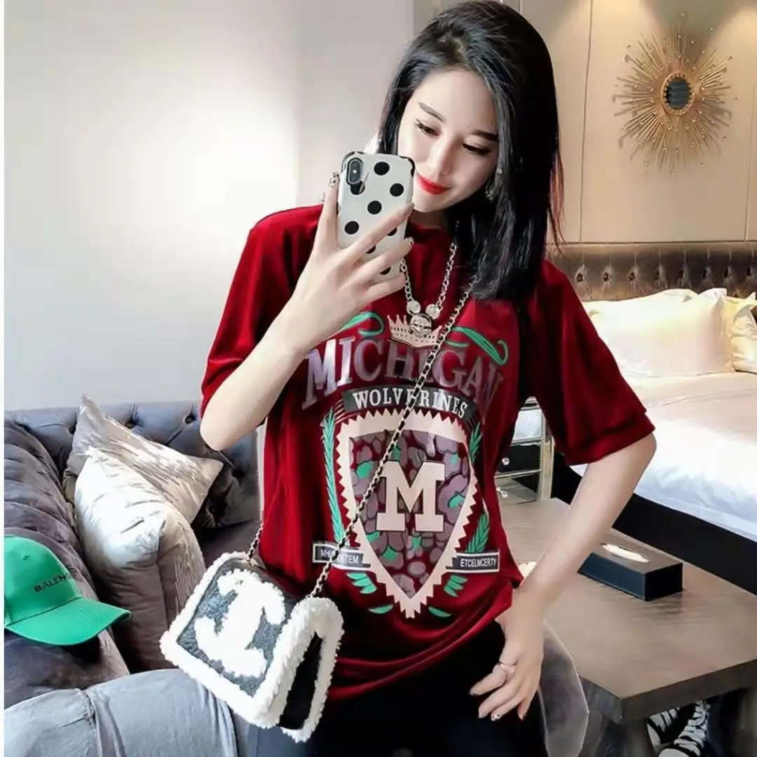 

2021 new summer short sleeve T-shirt women's loose and thin letter printing foreign style large size base shirt