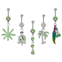 1pc green cz gem dangle belly button rings for women surgical steel tortoise leaf tree navel piercing barbell body jewelry 14g
