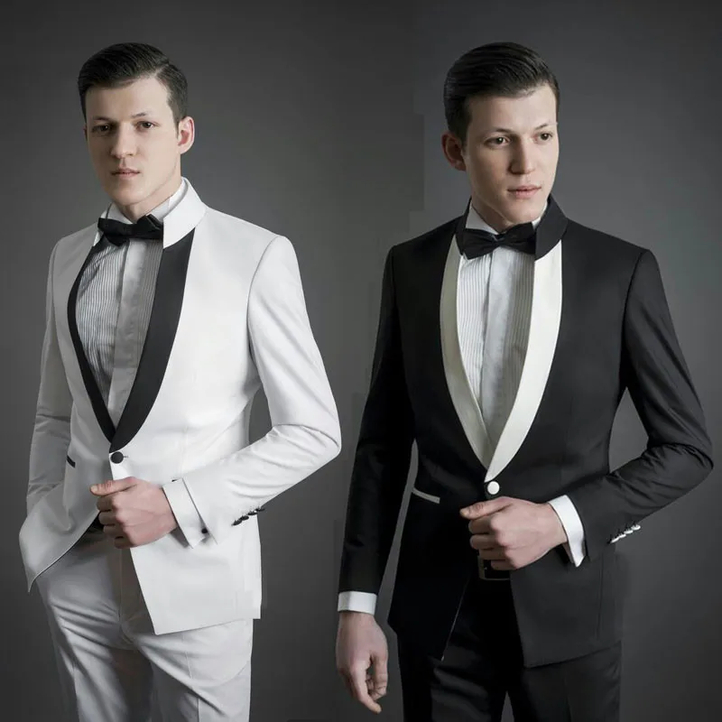 

Mens Suits For Wedding Black Groom Tuxedo White Costume Homme Stand Collor Groomsmen Blazer 2Piece Terno Masculino Traje Hombre