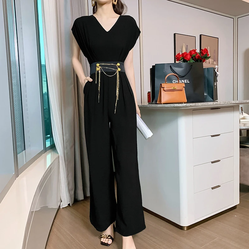 

Fashion Korean Casual Vintage V-Neck Short Sleeve Loose Jumpsuits Rompers Women Elegant Sashes Black Streetwear Wide Leg Pants