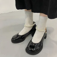 lolita style womens shoes 2021 spring patent leather square heel pumps round toe string bead pearl mary janes single shoe pumps
