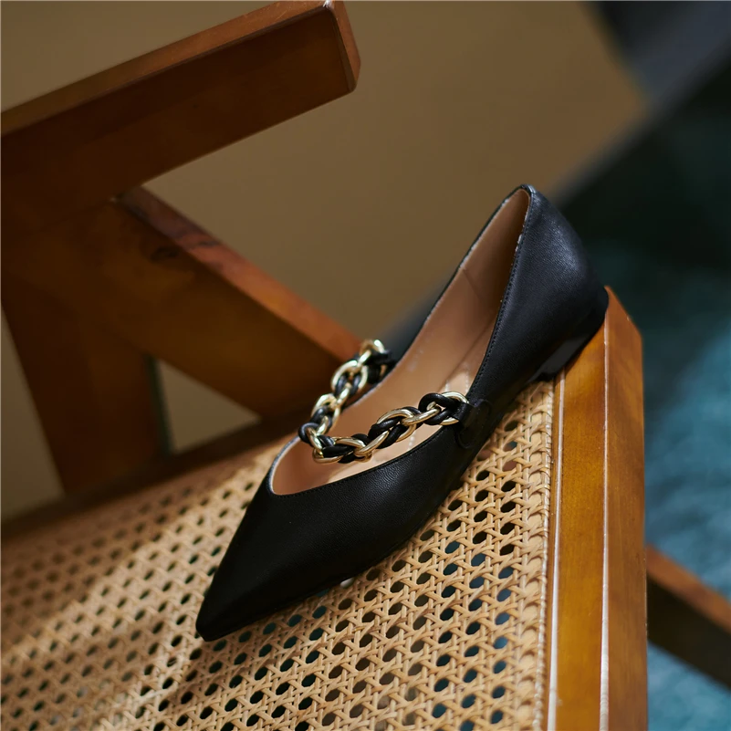 

Meotina Natural Genuine Leather Mary Janes Shoes Pointed Toe Flats Shoes Causal Chain Ladies Footwear Autumn Beige Black 33-40
