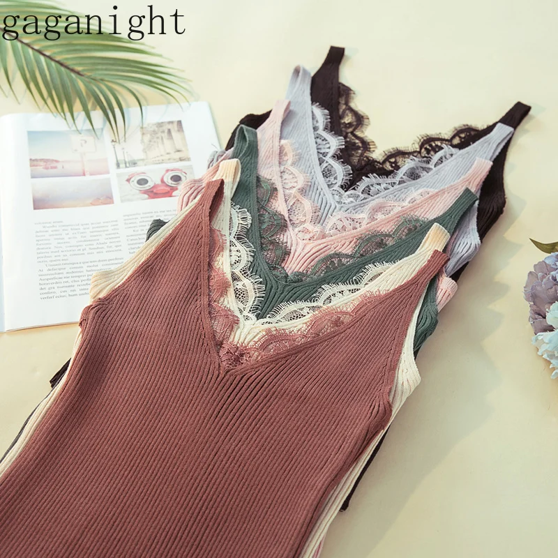 Gaganight кружевные лоскутные трикотажные укороченные топы с глубоким v образным