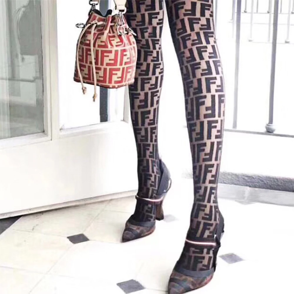 

Women's Sexy Black L Letter Printed Tights Seamless Pantyhose Yarn Garter Stockings Hose Sexy Underwear Collant Pantyhose