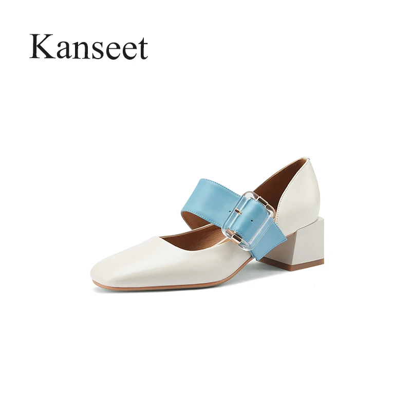 

Kanseet 2021 New Arrival Women Pumps Spring Autumn Genuine Leather Square Toe Buckle Strap Concise Handmade 4.5cm Mid Heel Shoes