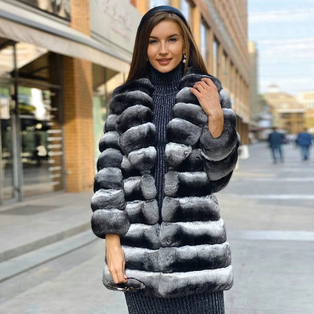 Winter Fashion Natural Rex Rabbit Fur Coat with Turn-down Collar New Trendy Chinchilla Color Real Rex Rabbit Fur Coats for Woman enlarge