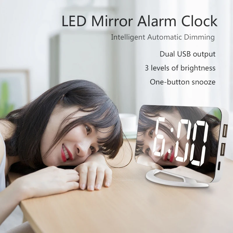 

New Automatic Light Sensor LED Mirror Alarm Clock Desktop Electronic Clock With Dual USB Three Levels Of Brightness Adjusted
