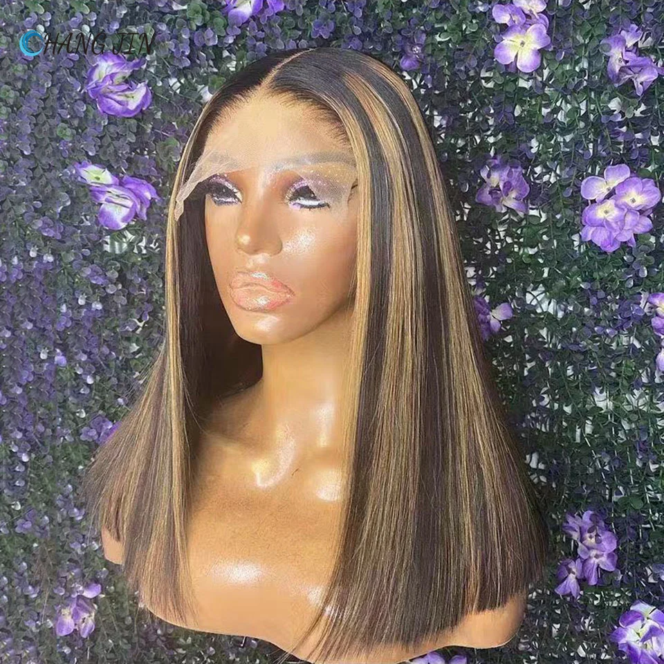 

CHAGNJIN Highlight Blonde Human Hair Wigs Short Straight Brazilian Remy Pre Plucked Lace Perruque Brown Colored Bob Women Peruca