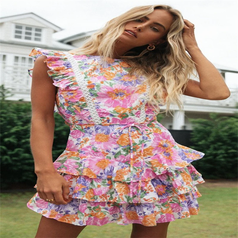 

Summer Fashion Women Floral Print Dress O Neck Backless Splic Butterfly Sleeve Ruffle Dresses Elegant Layered Hem Cake Sundress