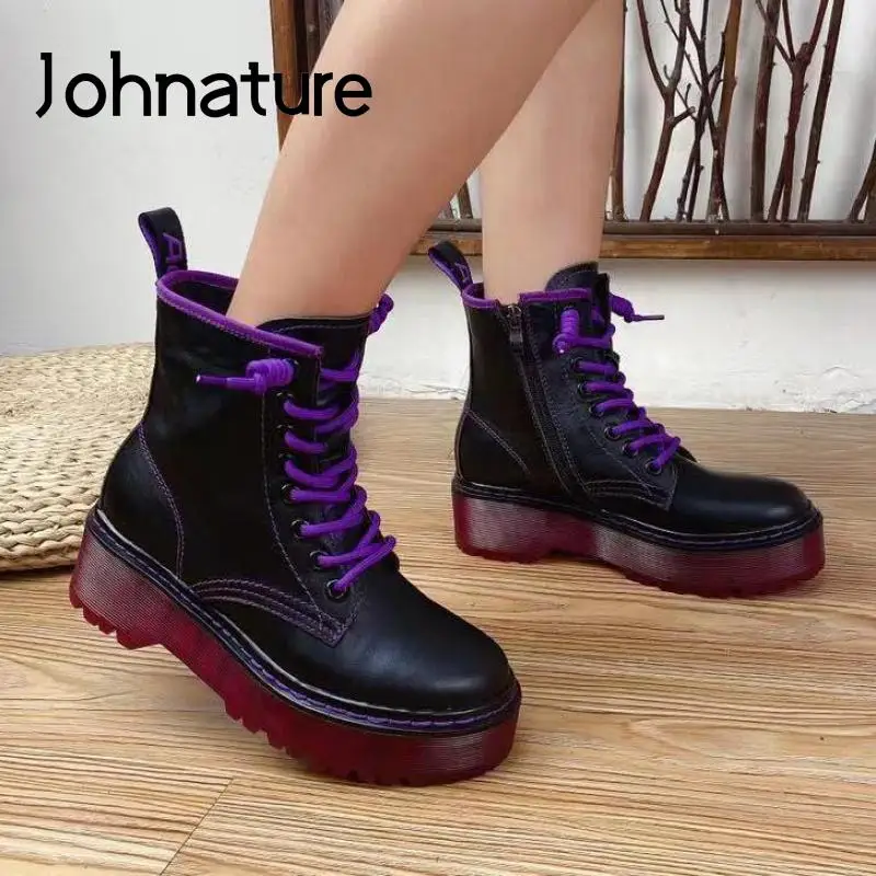 

Johnature Genuine Leather Ankle Shoes Women Boots Zip 2022 New Autumn Winter Flat With Handmade Leisure Sewing Platform Boots