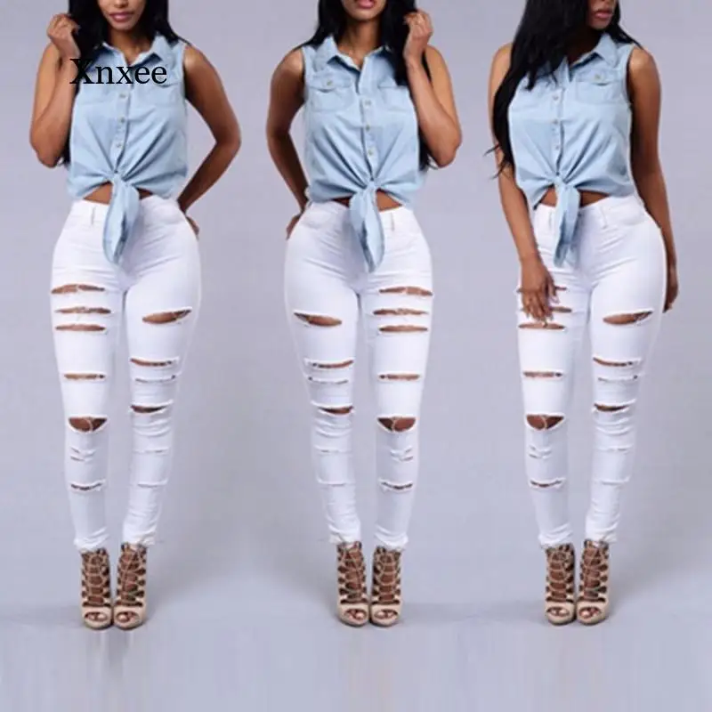 

2021 летние узкие джинсы, женские новые рваные джинсы, брюки-карандаш с высокой талией, повседневные брюки, белые эластичные рваные джинсы