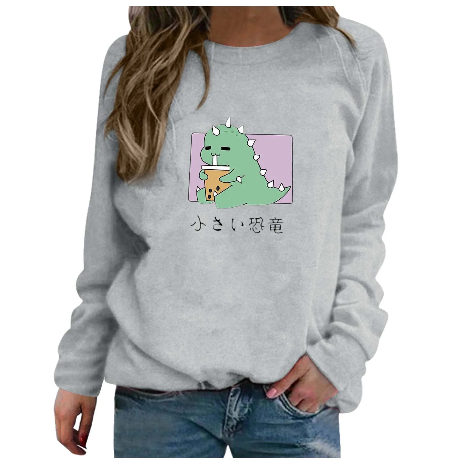 

TELOTUNY Women Fashion Tops Blouse 2021 Autumn Women's Dinosaur Print Long-sleeved Sweatshirt Casual Solid Color Pullover