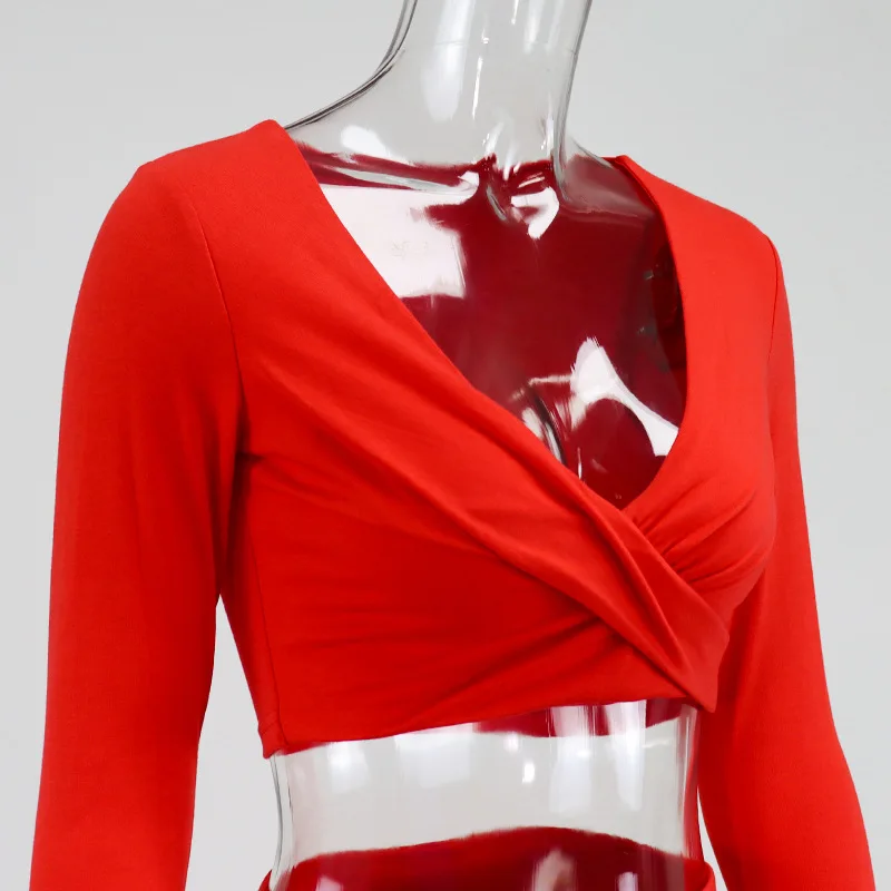 

2 Two Piece Set Autumn Tracksuit Women Long Sleeve Crop Top Long Pants Set Sexy Deep V-neck Bodycon Solid Loungewear Set