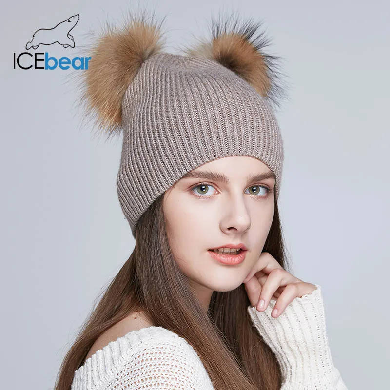 ICEbear мягкие женские зимние шапки двойная настоящая шапка с меховым помпоном