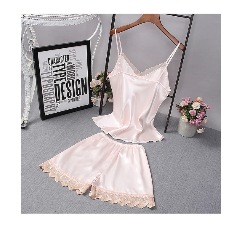 

Sexy Pajama Set Women's Sleeveless Loose Female Sleepwear Soft Loungewear Silk Satin Nightwear Spaghetti Strap