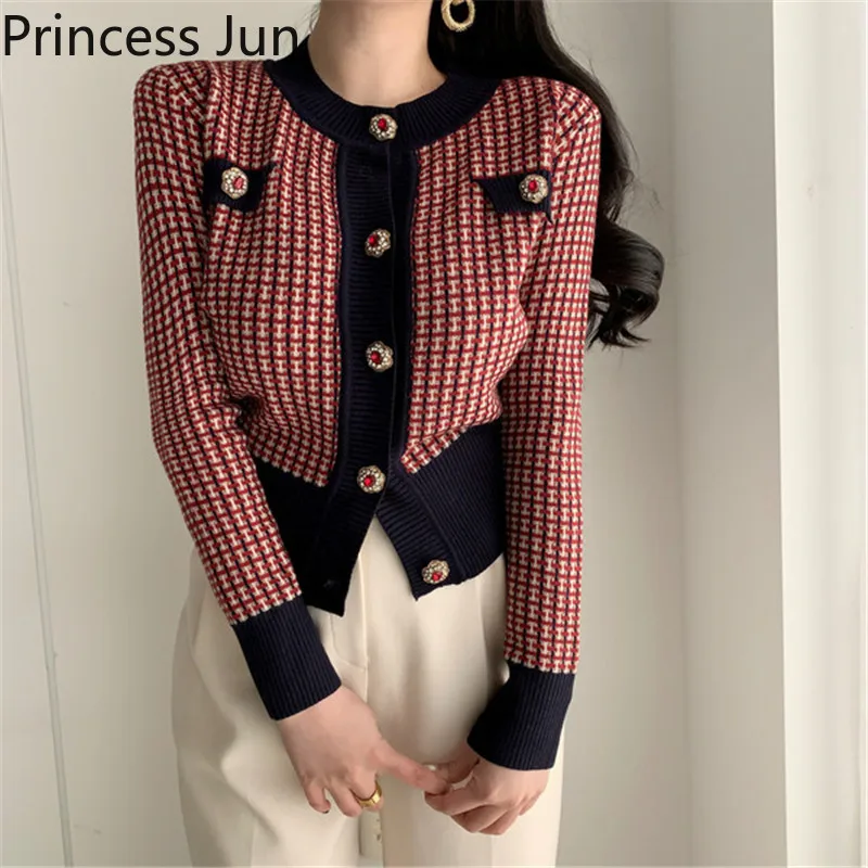 

New Spring Autumn Women Fashion Sweater O Neck Retro Plaid Single-breasted Short Knit Cardigan Contrast Color Chic Top Knitwear