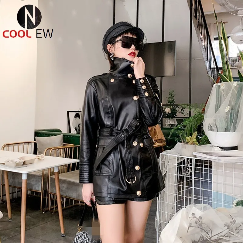 

Womens Medium Length Slim Genuine Leather Windbrear Moto Biker Adjustable Waist Sheepskin Outwear Coats Plus Size Chaqueta Mujer