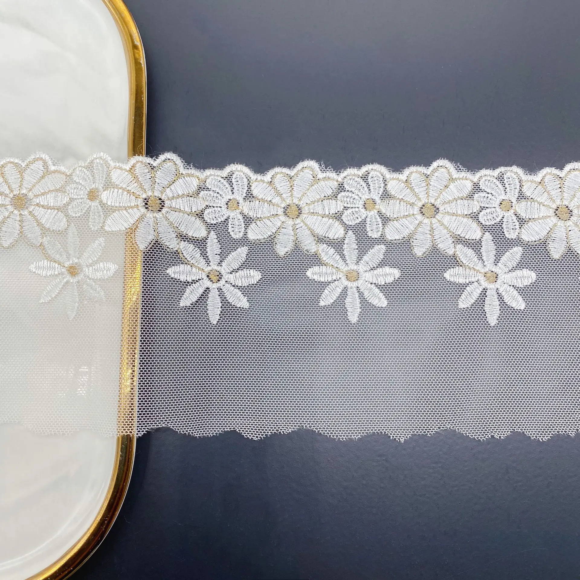 10 3 см Ширина ярда/лот сетчатая Вышивка Два цвета золотой цветок кружевная ткань