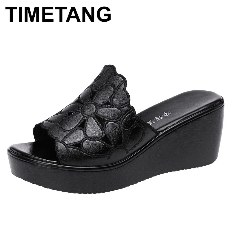 

TIMETANGWedge heel sandals women summer 2020 platform hollow flower sandals big size 41 43comfortable open toe black shoes woman